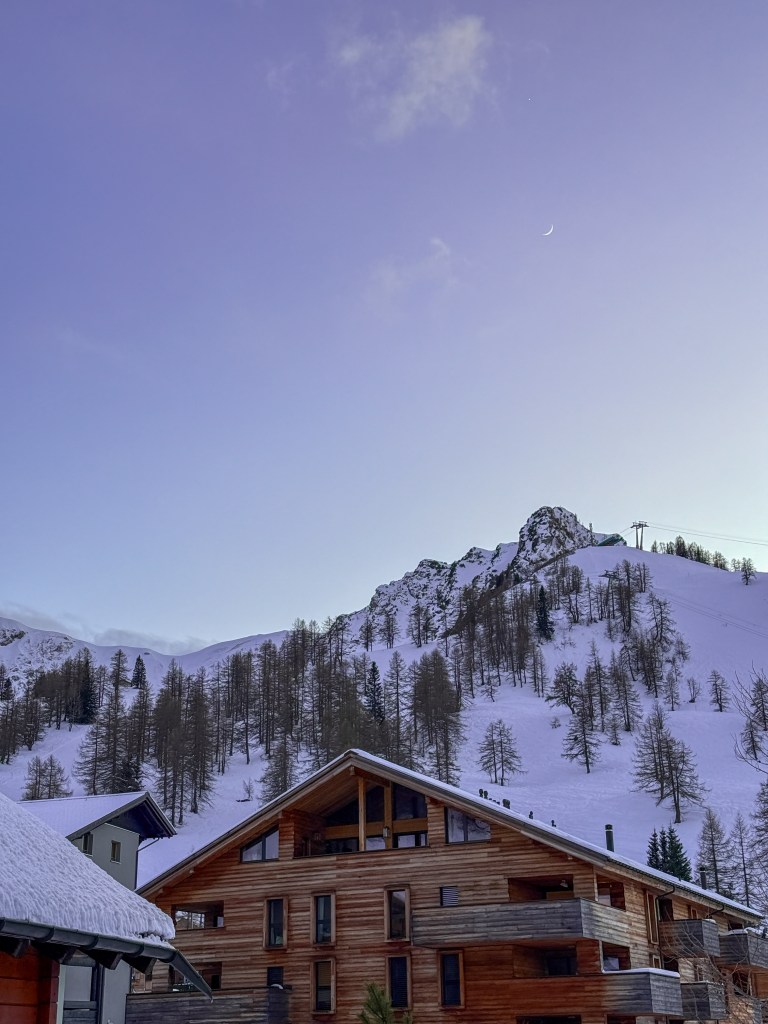 Snowy Mountains and huts in Malbun