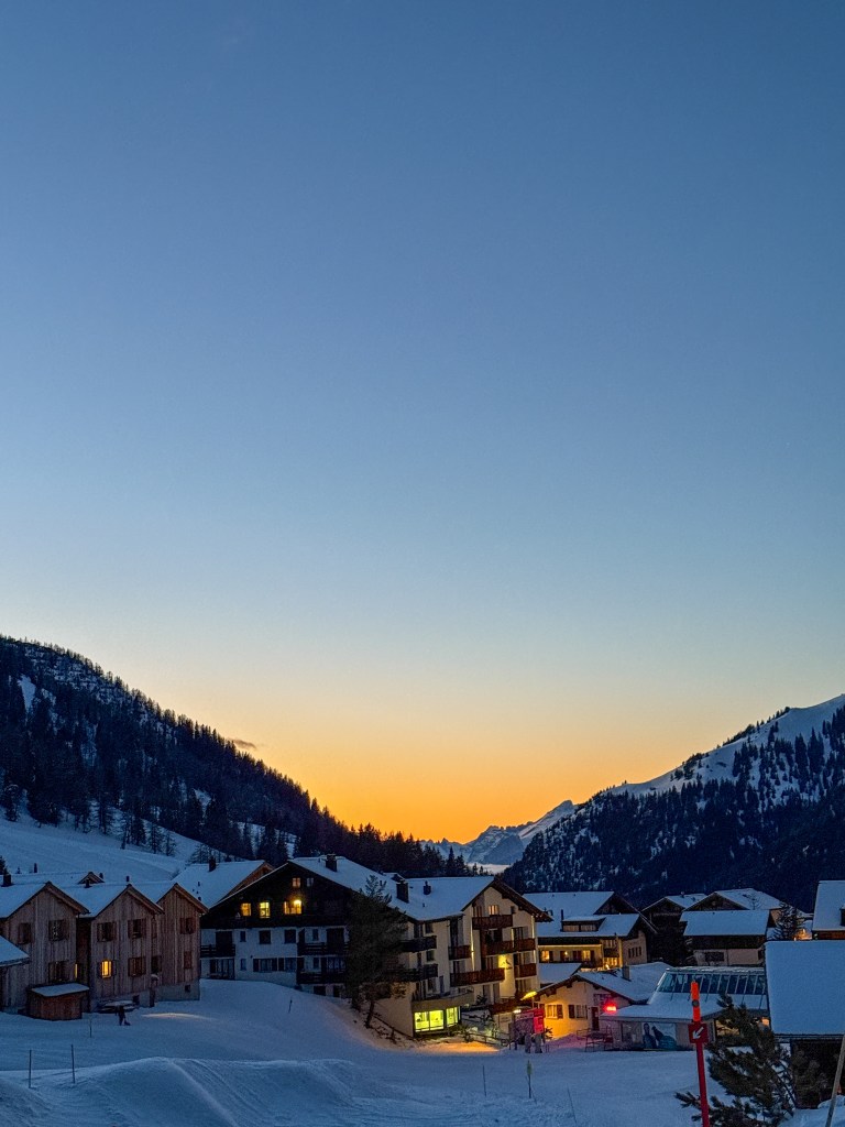 Beautiful sunset in snowy Malbun