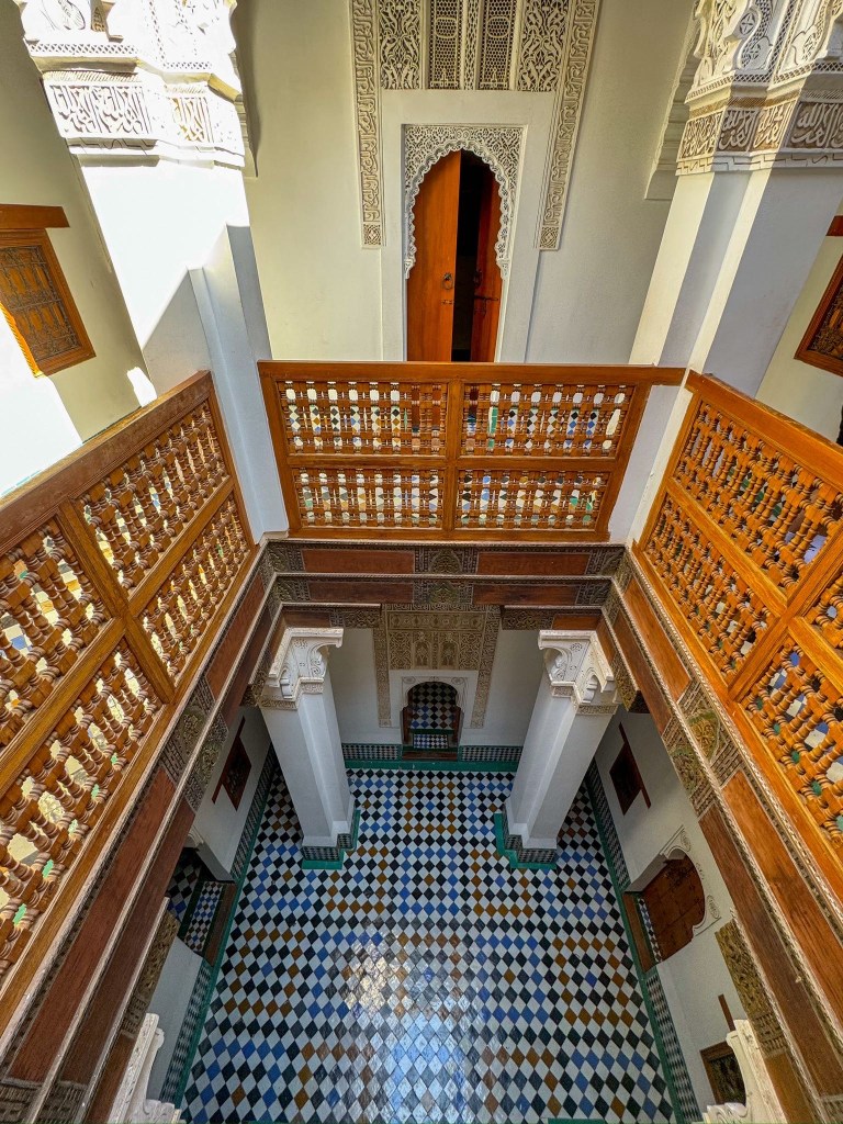 Beuatiful hall at the Ben Youssef Mosque in Marrakech.