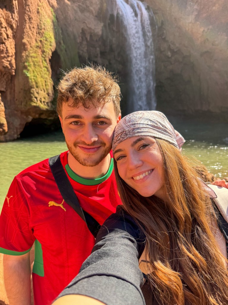 Lara and Gianni in front of the Ouzoud Falls 
